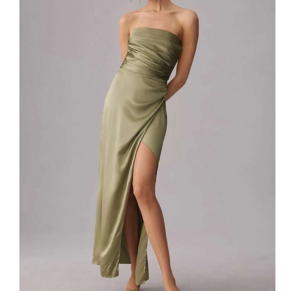 Reformation Barrow Artichoke Green Silk Strapless Cocktail Gown Size 2 NWT